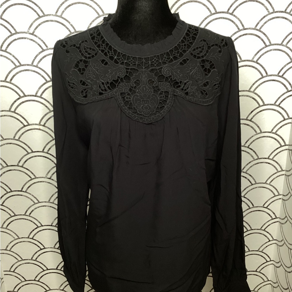LOFT Black Ruffle Neck Blouse – Size Large